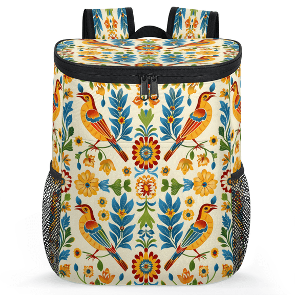 Jiaoprinted Mexican Bird Floral Portable Leakproof Cooler Backpack, Boho Colorful Flowers Insulated Backpack Cooler for Picnic Camping