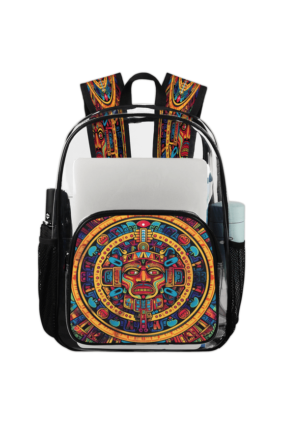 Mexican Clear Backpack for Stadium Events, Transparent Backpacks See Through Plastic Bag for Concerts & Work, Aztec Sun Stone Calendar
