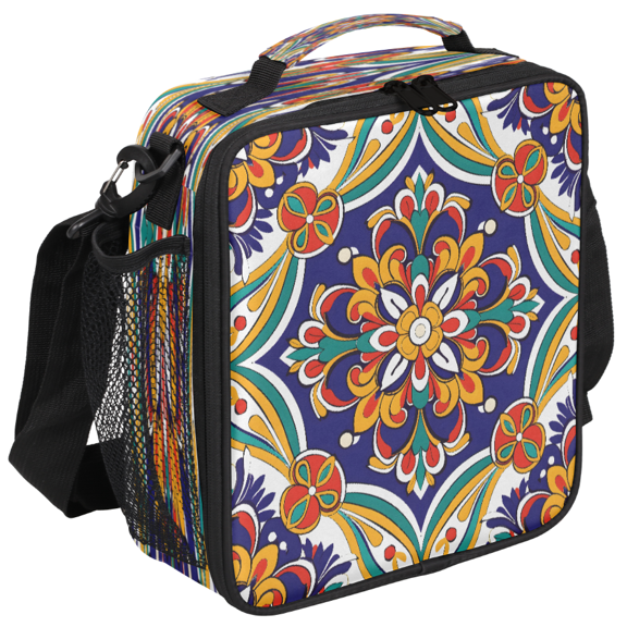 Jiaoprinted Mexican Floral Insulated Lunch Box Bag, Mexico Colorful Flower Leakproof Portable Adults Lunch Cooler Tote Bag for Work Picnic