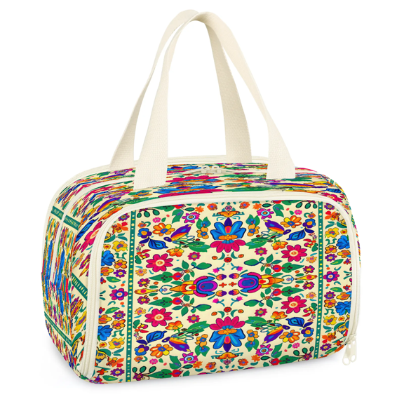 Jiaoprinted Mexican Floral Travel Toiletry Bag for Women, Large Wide-open Makeup Bag, Colorful Flowers Bird Waterproof Cosmetic Bag Organizer with Handle