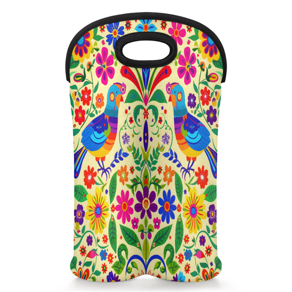 Jiaoprinted Mexican Parrot Floral 2-Bottle Neoprene Wine Bag Water Bottle Carry Tote, Reusable Wine Bottle Protective Travel Bag for Women Men, Mexican Bird