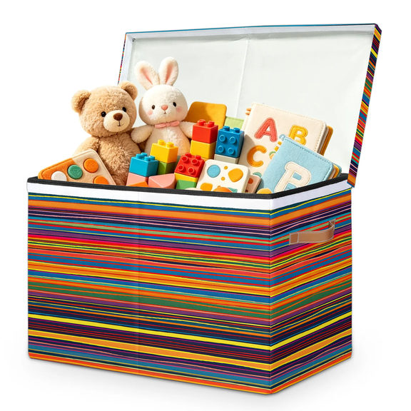 Jiaoprinted Mexican Rainbow Stripes Toy Storage Box Chest with Lid & Divider, Stripes Foldable Toy Organizer Bin with Sturdy Handles for Nursery Living Room, 85L, 25"x13"x16"