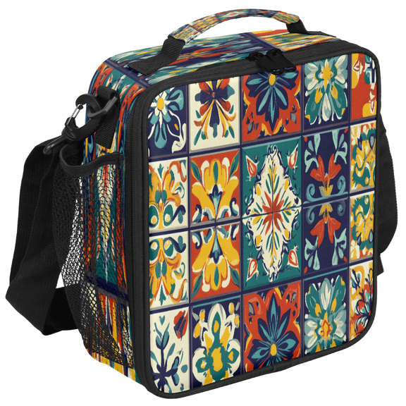 Jiaoprinted Mexican Talavera Ceramic Tile Insulated Lunch Box Bag, Mexico Floral Leakproof Portable Adults Lunch Cooler Tote Bag for Work Picnic