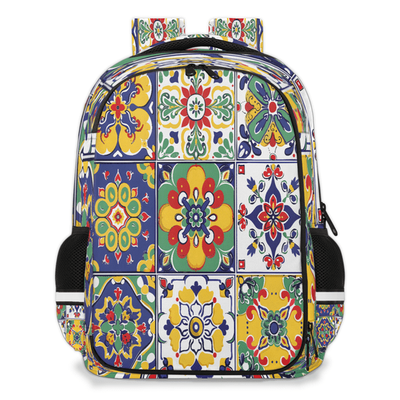 Jiaoprinted Mexican Talavera Ceramic Tile Multi-Functional Backpack, 16" Waterproof Travel Casual Daypack with Reflective Strip, Mexico Work Laptop Backpack for Men Women
