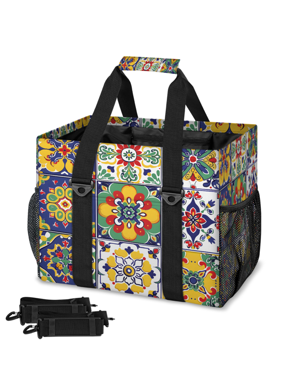 Mexican Talavera Ceramic Tile Reusable Grocery Bag 33L Large Foldable Shopping Bag with Detachable Shoulder Strap & Mesh Pockets, for Beach Camping Travel, Mexico