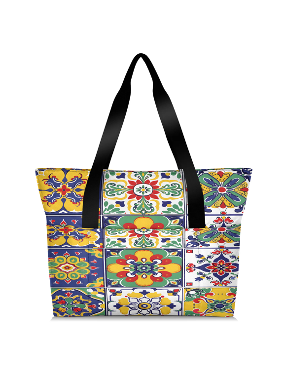 Mexican Talavera Ceramic Tile Tote Bag for Women, Lightweight Waterproof Large Shoulder Handbag with Zipper for Travel Gym Work Shopping, Mexico