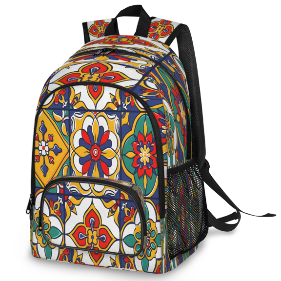 Jiaoprinted Mexican Talavera Tile Laptop Backpack, Large Flower Travel Backpack Men Women, Work Business Computer Casual Daypack Rucksack, 18 Inch