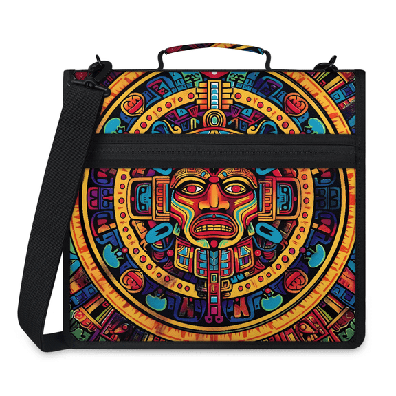 Jiaoprinted Mexican Zipper 3 D-Ring Binder Bag with Shoulder Strap, Aztec Sun Stone Calendar Waterproof Expanding Binder, Multi-Pocket Portfolio Organizer Case