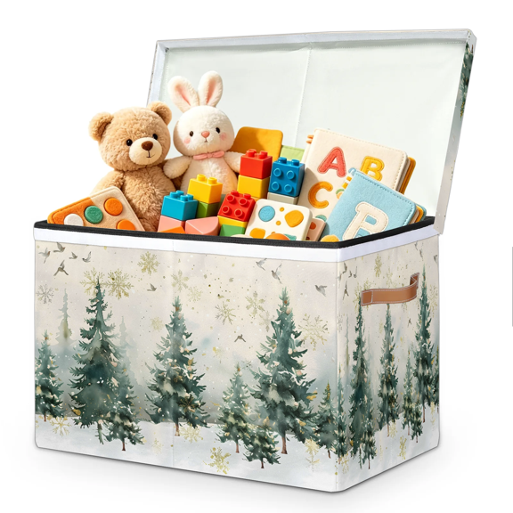 Jiaoprinted Misty Snow Fir Pine Forest Toy Storage Box Chest with Lid & Divider, Winter Foldable Toy Organizer Bin with Sturdy Handles for Nursery Living Room, 85L, 25"x13"x16"
