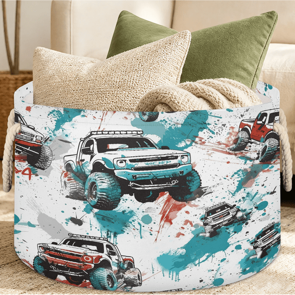 Jiaoprinted Monster Trucks Splatter Blankets Storage Basket with Handles, Foldable Waterproof Fabric Clothes Storage Organizer for Bedroom Living Room, 65L, Trucks