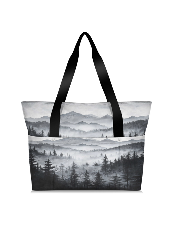 Mountain Tote Bag for Women, Lightweight Waterproof Large Shoulder Handbag with Zipper for Travel Gym Work Shopping, Black and White Forest Nature
