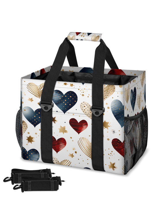 Multicolor Gold Foil Heart Reusable Grocery Bag, Upright Heavy‑Duty Foldable Shopping Bag with Removable Shoulder Strap, Multi‑Pocket Storage Tote for Beach Camping, Star