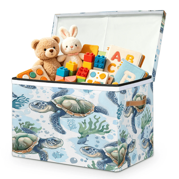 Jiaoprinted Nautical Sea Large Toys Storage Box with Lid and Divider, Ocean Coral Turtle Foldable Toys Storage Organizer, Stackable Home Organization, 85L