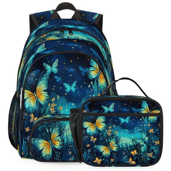 Jiaoprinted Night Firefly Butterfly Floral Backpack and Insulated Lunch Box Set, Multi‑Pocket Daypack with Detachable Insulated Lunch Tote for Travel Work Outdoor, Butterflies