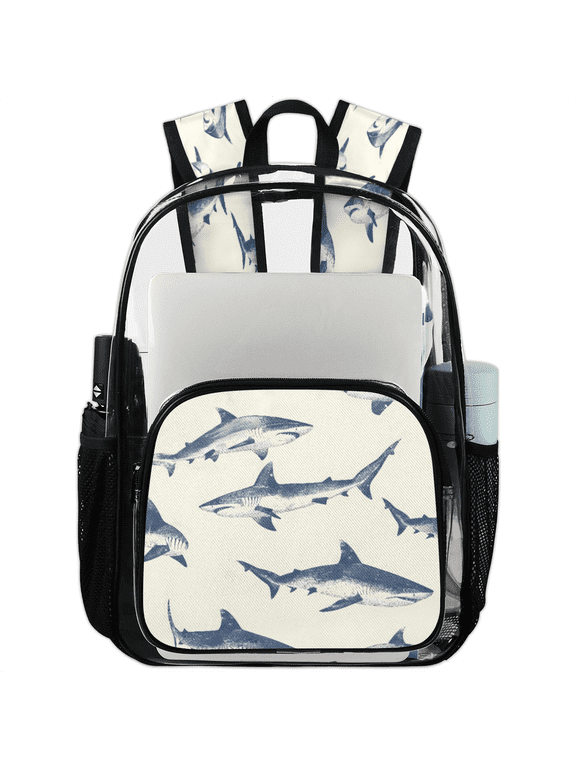 Ocean Animal Shark Clear Backpack for Stadium Events, Transparent Backpacks See Through Plastic Bag for Concerts & Work, Watercolor Sharks
