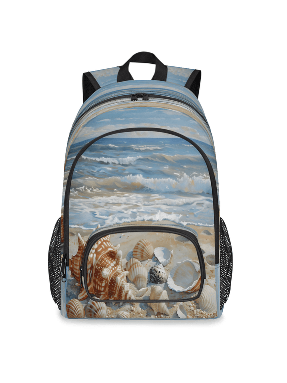 Ocean Beach Backpack, Large Rustic Nautical Seashells Travel Laptop Backpack Men Women Work Business Computer Casual Daypack Rucksack, 18 Inch