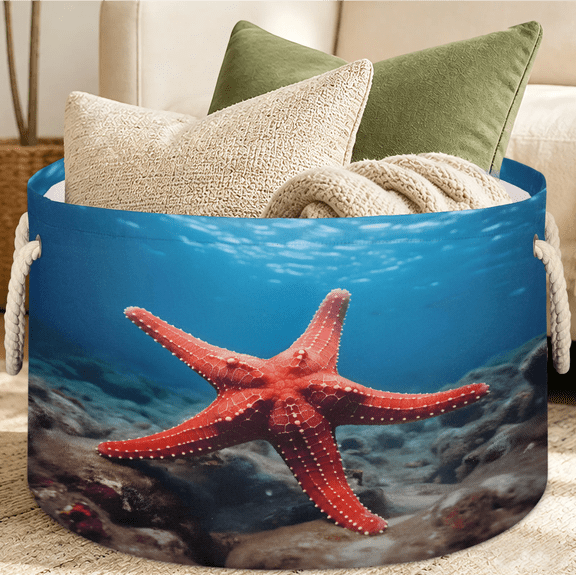 Jiaoprinted Ocean Large Round Collapsible Storage Basket, 65L Fabric Storage Organizer Bin with Handles for Blankets Linens Clothes, 19.4" x 13.3" Red Starfish Underwater