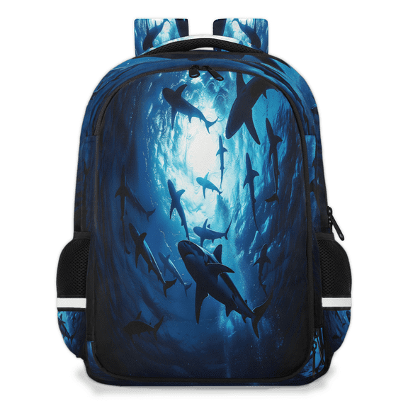 Jiaoprinted Ocean Shark Multi-Functional Backpack, 16" Waterproof Travel Casual Daypack with Reflective Strip, Wildlife Shark Fish Work Laptop Backpack for Men Women