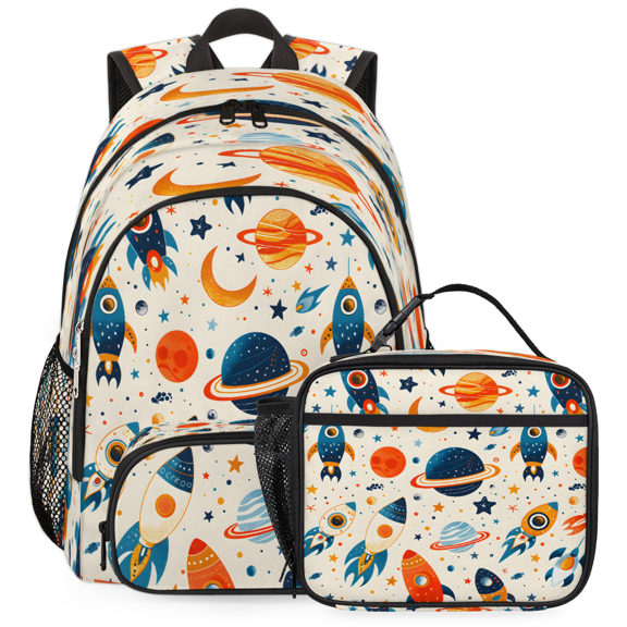 Jiaoprinted Outer Space Backpack and Insulated Lunch Box Set, Multi‑Pocket Daypack with Detachable Insulated Lunch Tote for Travel Work Outdoor, Galaxy Rocket Planet