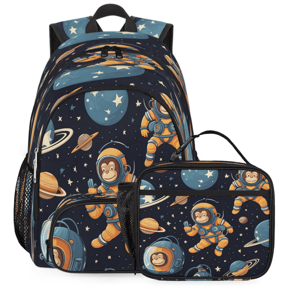 Jiaoprinted Outer Space Backpack with Lunch Bag Set, 18.3 Inch Travel Laptop Backpack with Insulated Cooler Lunch Box, Funny Monkey Astronaut Casual Daypack Work Bag