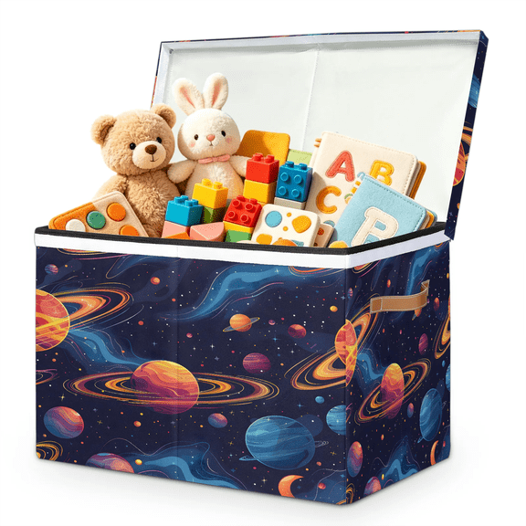 Jiaoprinted Outer Space Planets Orbits Large Toy Storage Box with Lid and Divider for Grils Boys, Solar System Foldable Toy Storage Organizer, Stackable Storage Container Home Organization, 85L