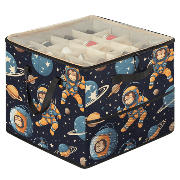 Jiaoprinted Outer Space Shoe Storage Box with Adjustable Dividers, Large Shoe Organizer with Clear Transparent Lid, Funny Monkey Astronaut Foldable Stackable Shoes Storage Bin for Closet Entryway