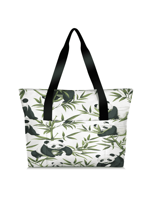 Pandas Bamboo Tote Bag for Women, Lightweight Waterproof Large Shoulder Handbag with Zipper for Travel Gym Work Shopping, Cute Panda