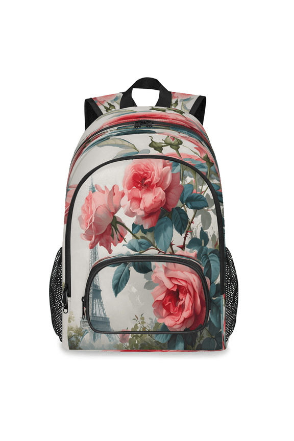 Paris Eiffel Tower Backpack, Large Pink Roses Travel Laptop Backpack Men Women Work Business Computer Casual Daypack Rucksack, 18 Inch