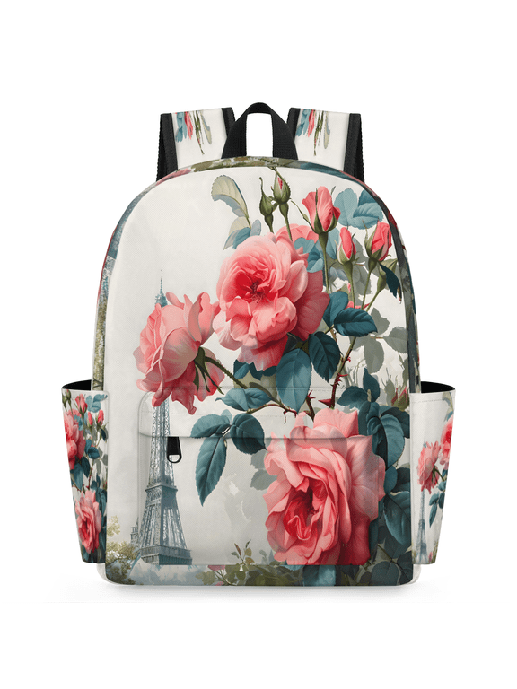 Paris Eiffel Tower Backpack for Adults, Breathable Adjustable Strap Casual Daypack, Lightweight Pink Roses Work Laptop Backpack