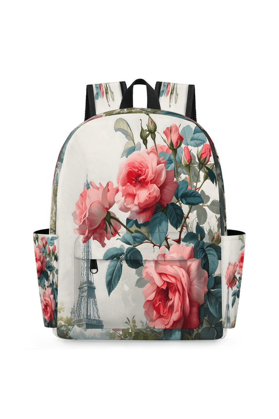 Paris Eiffel Tower Backpack for Adults, Breathable Adjustable Strap Casual Daypack, Lightweight Pink Roses Work Laptop Backpack