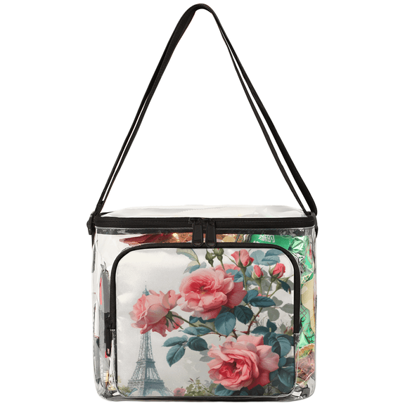 Jiaoprinted Paris Eiffel Tower Clear Lunch Bag, Pink Roses Reusable Leakproof Lunch Box with Adjustable Shoulder Strap for Work Beach Picnic