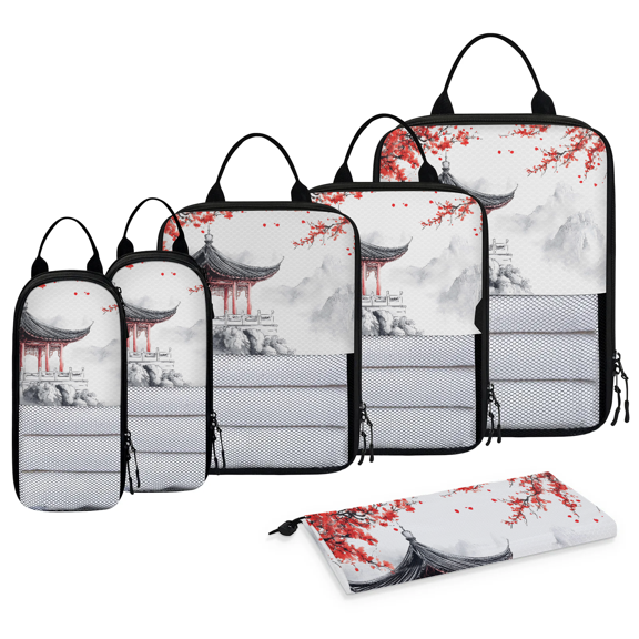 Jiaoprinted Pavilion and Mountains 6 Set Compression Packing Cubes for Travel Essentials, Chinese Ink Landscape Lightweight Carry on Expandable Luggage Organizer Bags for Women Men