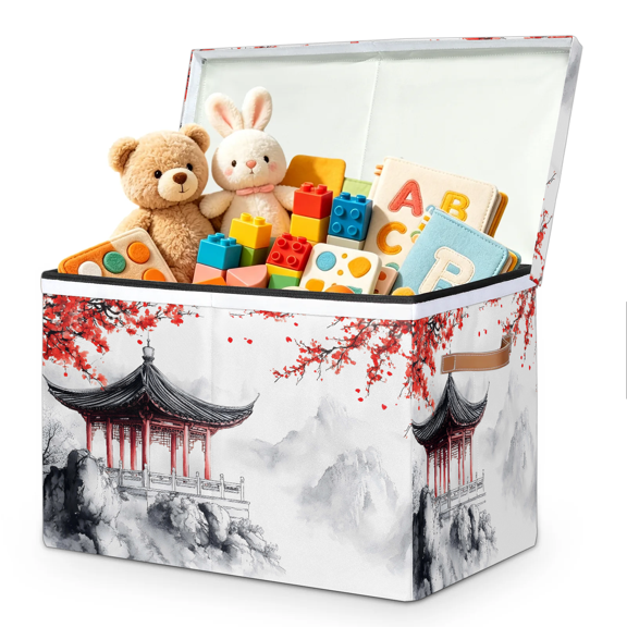 Jiaoprinted Pavilion and Mountains Large Toy Storage Box with Lid and Divider, Chinese Ink Landscape Foldable Toy Storage Organizer, Stackable Storage Container Home Organization, 85L