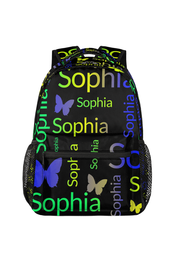 Personalized Blue Green Yellow Butterfly Backpack with Name, Custom Casual Daypack, Customized Travel Laptop Back Pack, 18 Inch