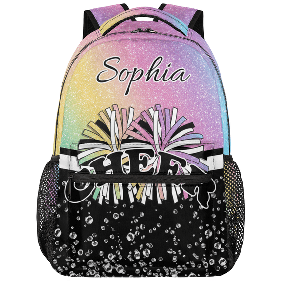 Jiaoprinted Personalized Cheer Backpack, Custom Name Cheerleader Casual Travel Laptop Bag for Cheer Teams, Cheerleading Gifts, Blue Pinks Purple Glitter