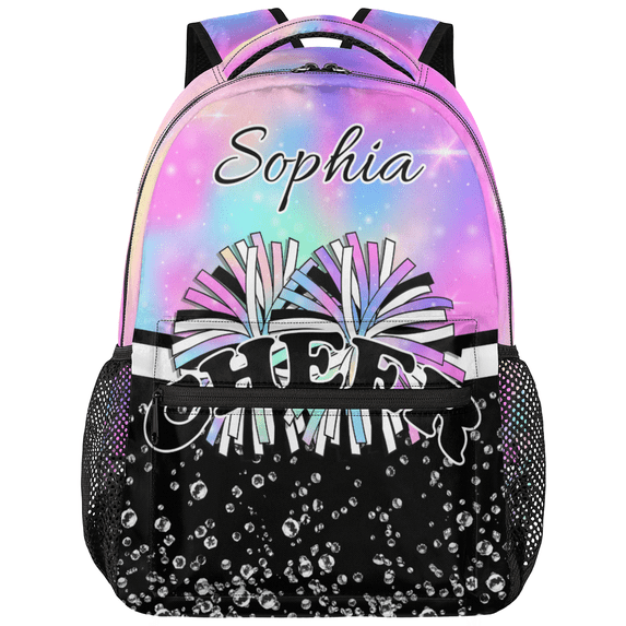Jiaoprinted Personalized Cheer Backpack, Custom Name Cheerleader Casual Travel Laptop Bag for Cheer Teams, Cheerleading Gifts, Rainbow Pinks