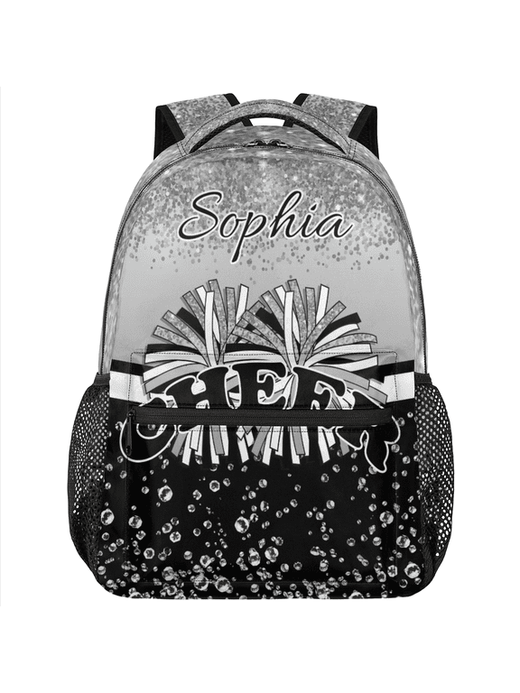 Personalized Cheer Backpack, Custom Name Cheerleader Casual Travel Laptop Bag for Cheer Teams, Cheerleading Gifts, Silver Glitter