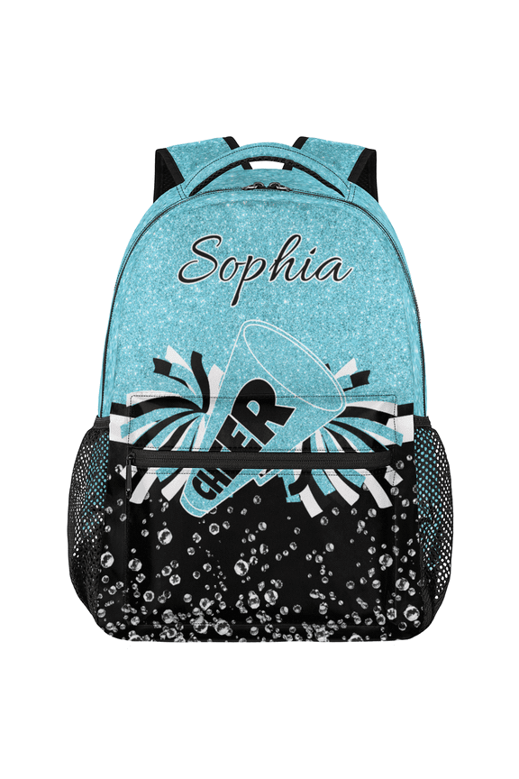 Personalized Cheer Backpack with Name, Custom Cheerleader Bag, Customized Cheerleading Daypack for Cheer Team, Azure Glitter
