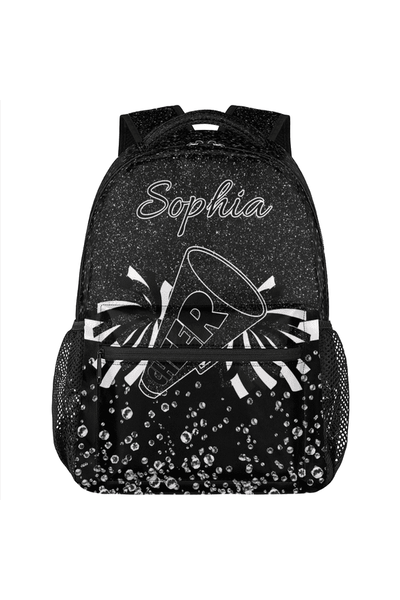 Personalized Cheer Backpack with Name, Custom Cheerleader Bag, Customized Cheerleading Daypack for Cheer Team, Black Glitter