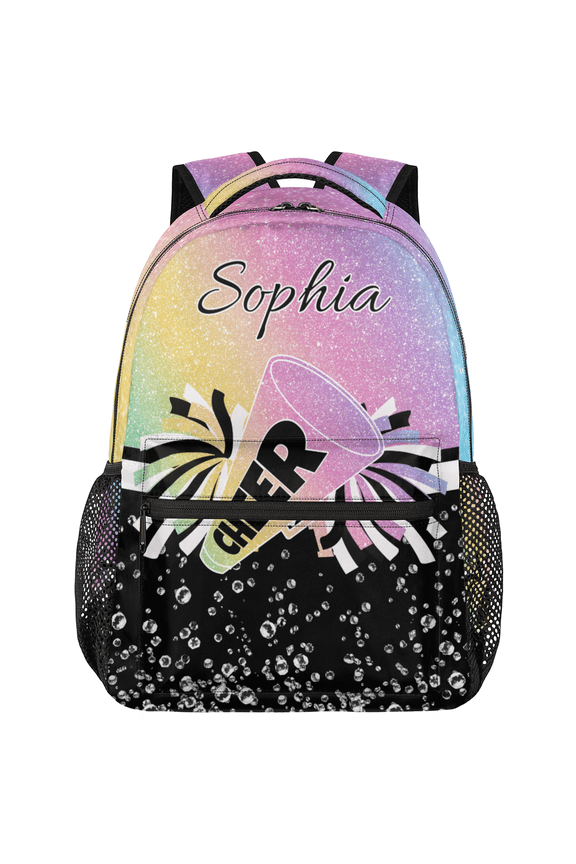 Personalized Cheer Backpack with Name, Custom Cheerleader Bag, Customized Cheerleading Daypack for Cheer Team, Blue Pinks Purple Glitter