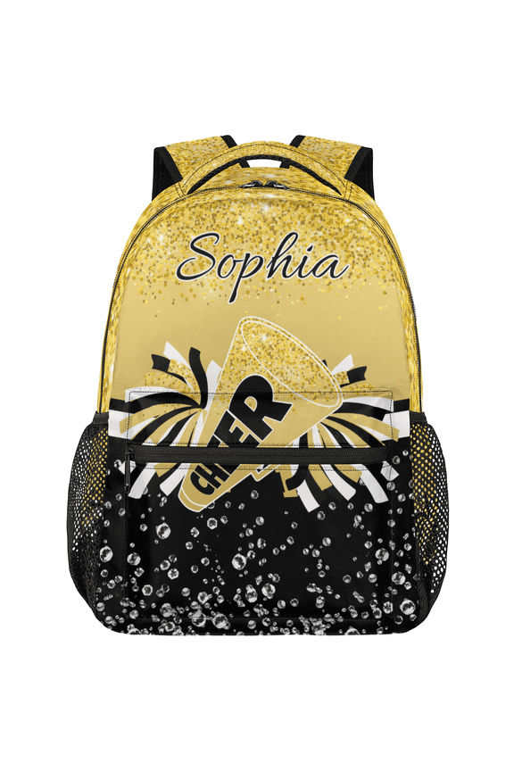 Personalized Cheer Backpack with Name, Custom Cheerleader Bag, Customized Cheerleading Daypack for Cheer Team, Gold Glitter