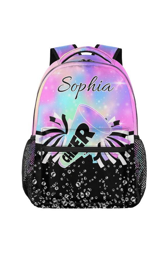 Personalized Cheer Backpack with Name, Custom Cheerleader Bag, Customized Cheerleading Daypack for Cheer Team, Rainbow Pinks