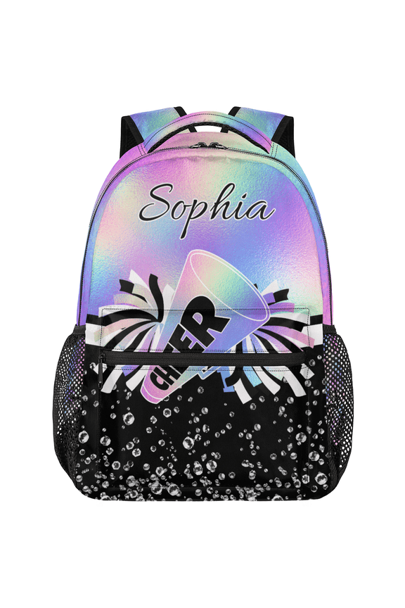 Personalized Cheer Backpack with Name, Custom Cheerleader Bag, Customized Cheerleading Daypack for Cheer Team, Rainbow Purple