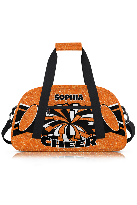 Personalized Cheer Bag for Cheerleader, Custom Name Cheerleading Gym Bag, Customized Travel Duffle Bag, Overnight Weekender Bags for Women, Glitter Orange