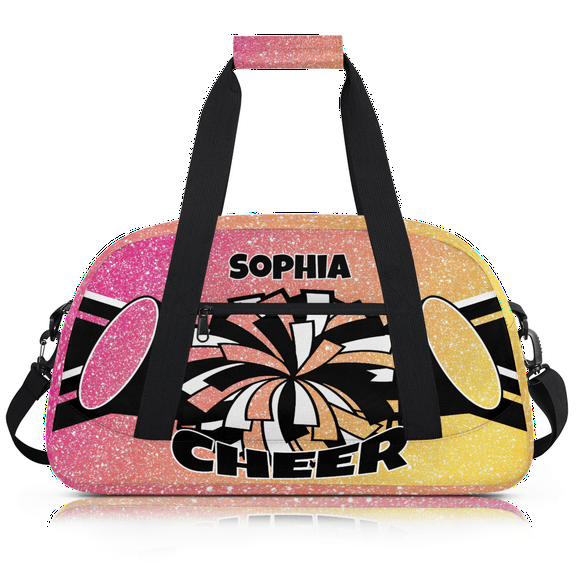 Jiaoprinted Personalized Cheer Bag for Cheerleader, Custom Name Cheerleading Gym Bag, Customized Travel Duffle Bag, Overnight Weekender Bags for Women, Orange Pink Glitter