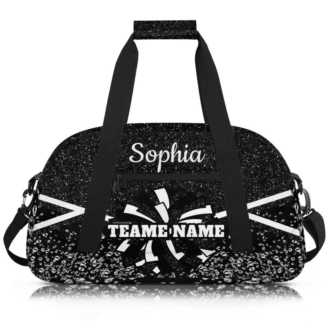 Jiaoprinted Personalized Cheer Bag, Custom Cheerleader Gym Bag Sport Duffel Bag, Customize Travel Overnight Weekender Bags, Cheerleading Gifts, Black Glitter