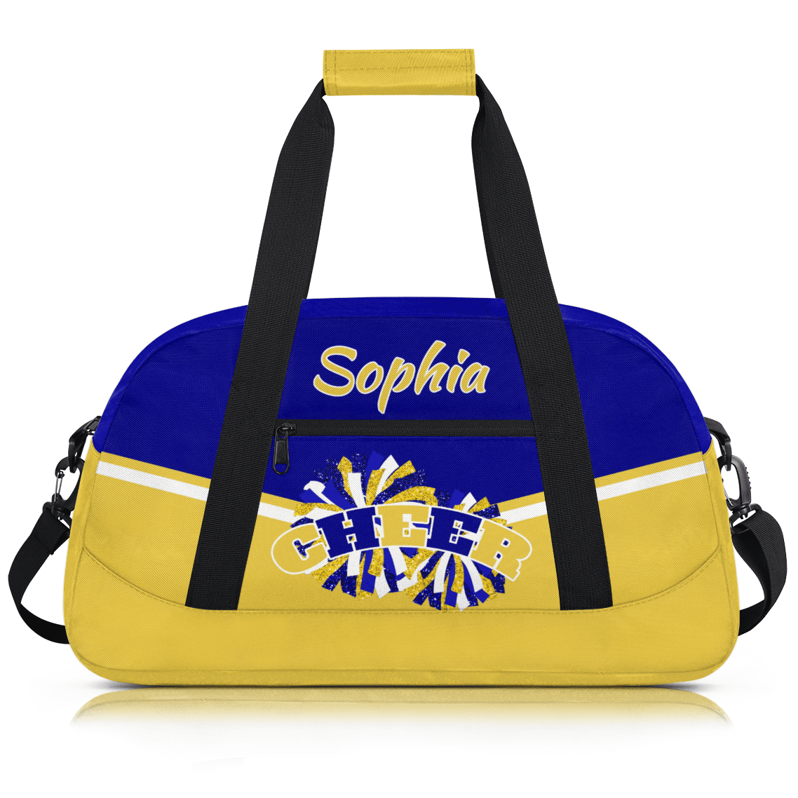 Jiaoprinted Personalized Cheer Bag, Custom Sport Duffel Bag with Name, Customized Cheerleader Dance Bag, Sport Gym Bag Overnight Weekender Bags, Blue Gold