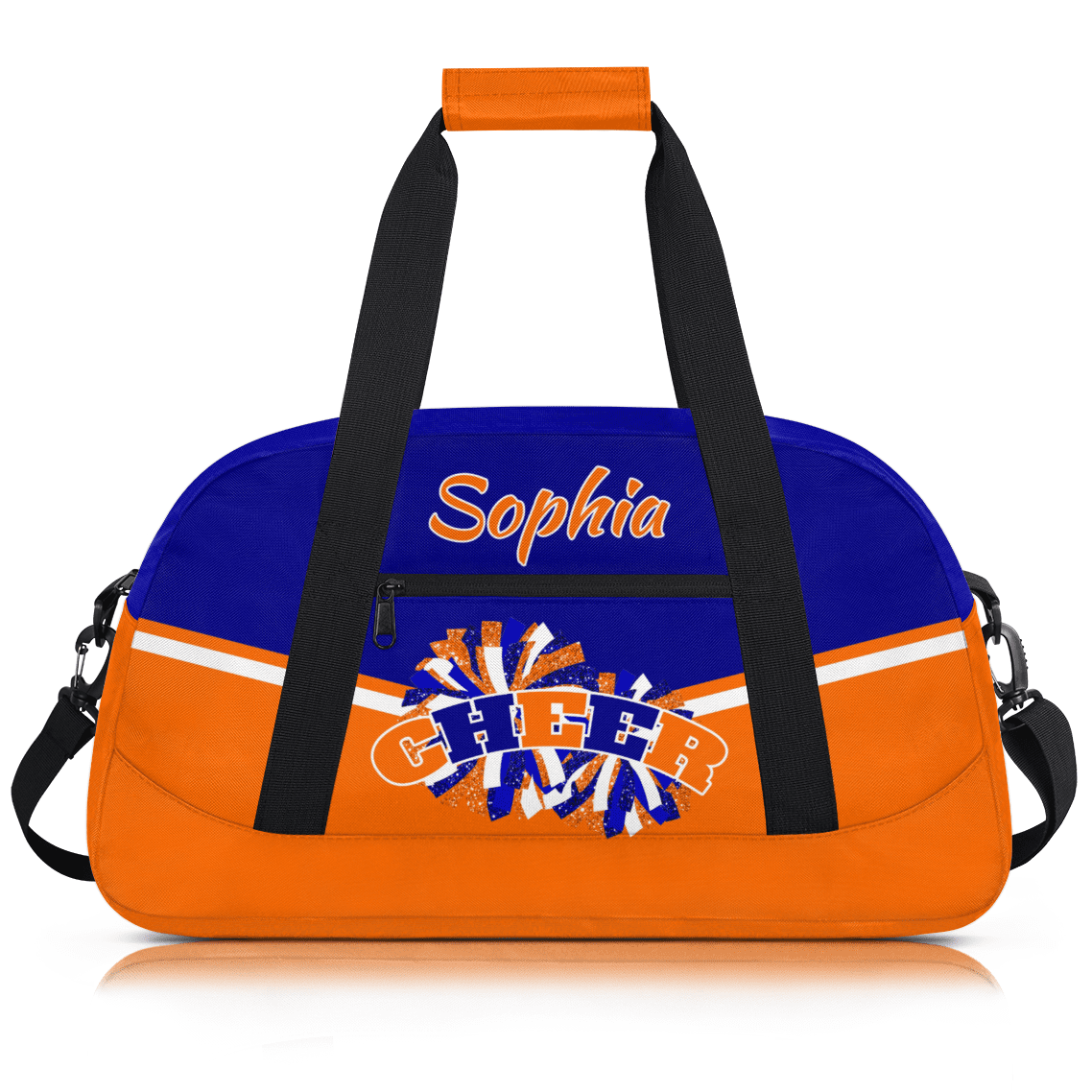 Jiaoprinted Personalized Cheer Bag, Custom Sport Duffel Bag with Name, Customized Cheerleader Dance Bag, Sport Gym Bag Overnight Weekender Bags, Blue Orange