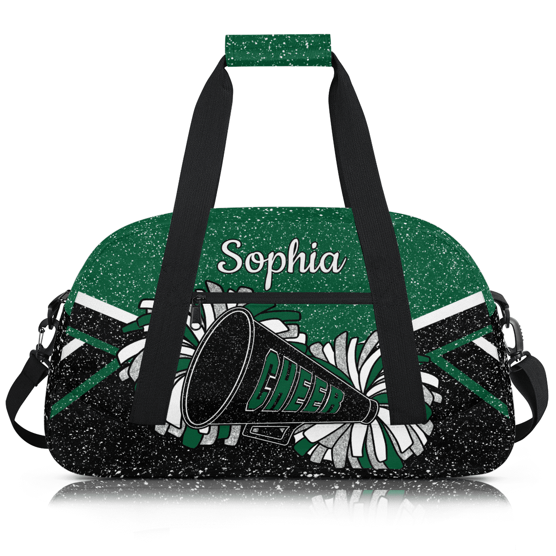 Jiaoprinted Personalized Cheer Bag for Women, Custom Sport Duffel Bag with Name, Customized Gym Bag, Weekender Overnight Bag, Cheerleading Gifts, Black Green Glitter