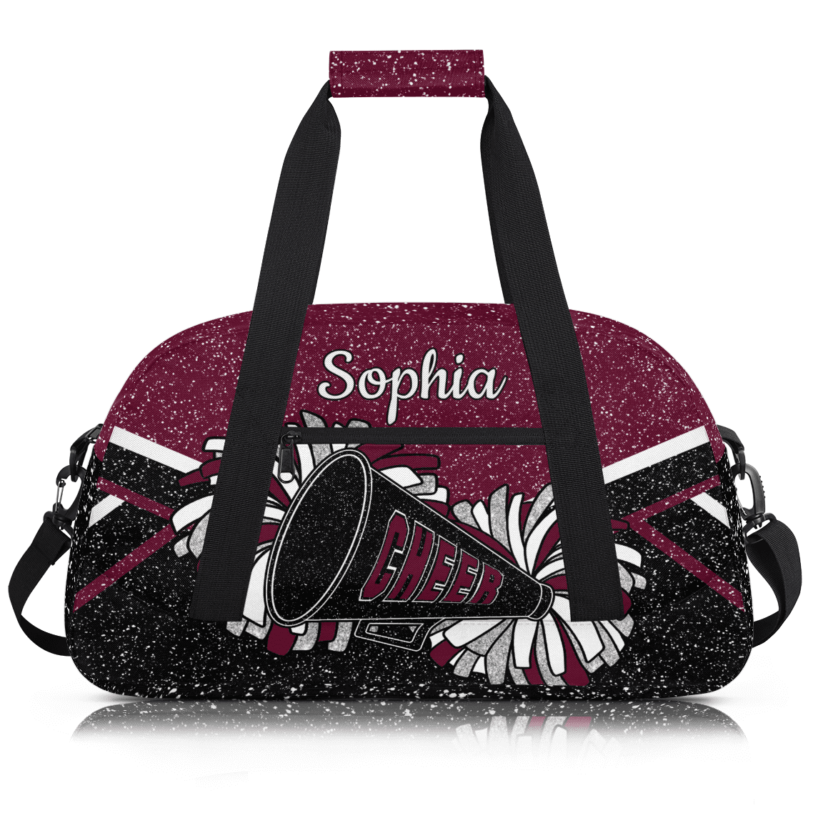 Jiaoprinted Personalized Cheer Bag for Women, Custom Sport Duffel Bag with Name, Customized Gym Bag, Weekender Overnight Bag, Cheerleading Gifts, Black Maroon Glitter